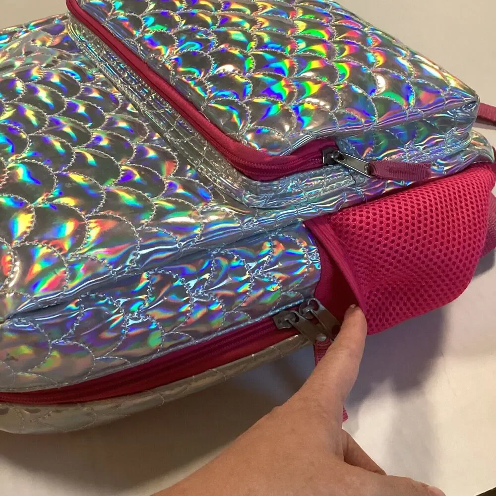 Kids' Mermaid Quilted Backpack Pink And Silver 2 Pockets And 2 Drink Pockets